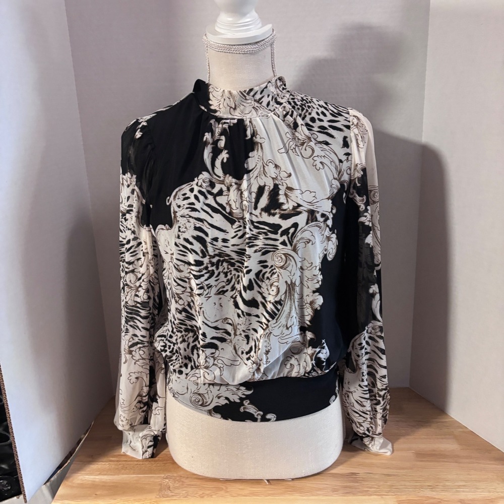 EMBER Black White Animal Baroque Top Med New Mock Neck Long Sleeve Tie Back